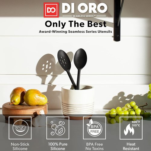 DI ORO Silicone Cooking Spoons - Heat-Resistant 600°F Non-Stick Utensils | Large Solid & Slotted (2pc, Black)