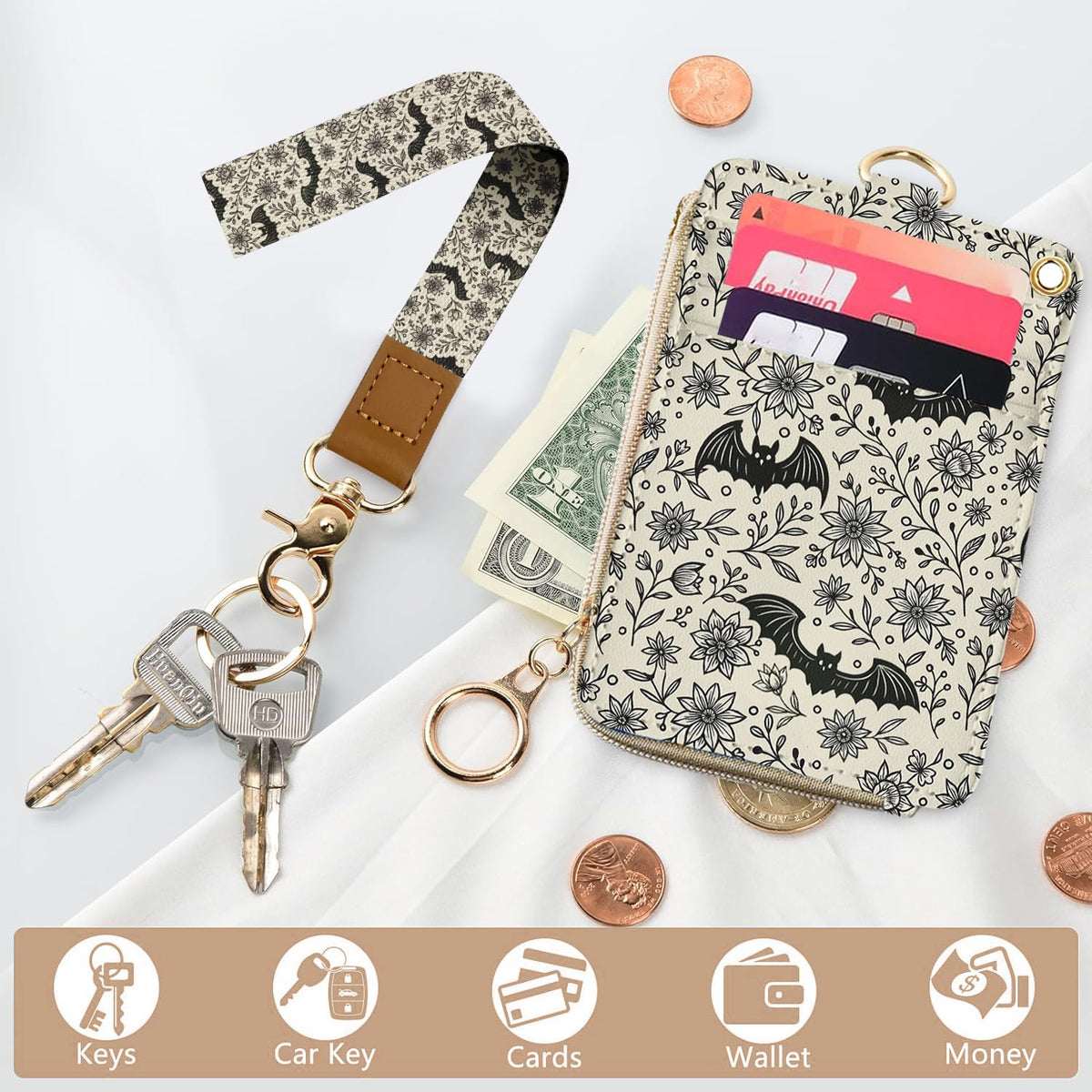 bolimoss Bat Lanyard Wallet Badge Holder PU Leather RFID Keychain Wallet with Breakaway Neck Wristlet Lanyard Zipper Pocket, Slim Credit Card Holder with Key Ring Phone Holder for Teacher Nurse Women