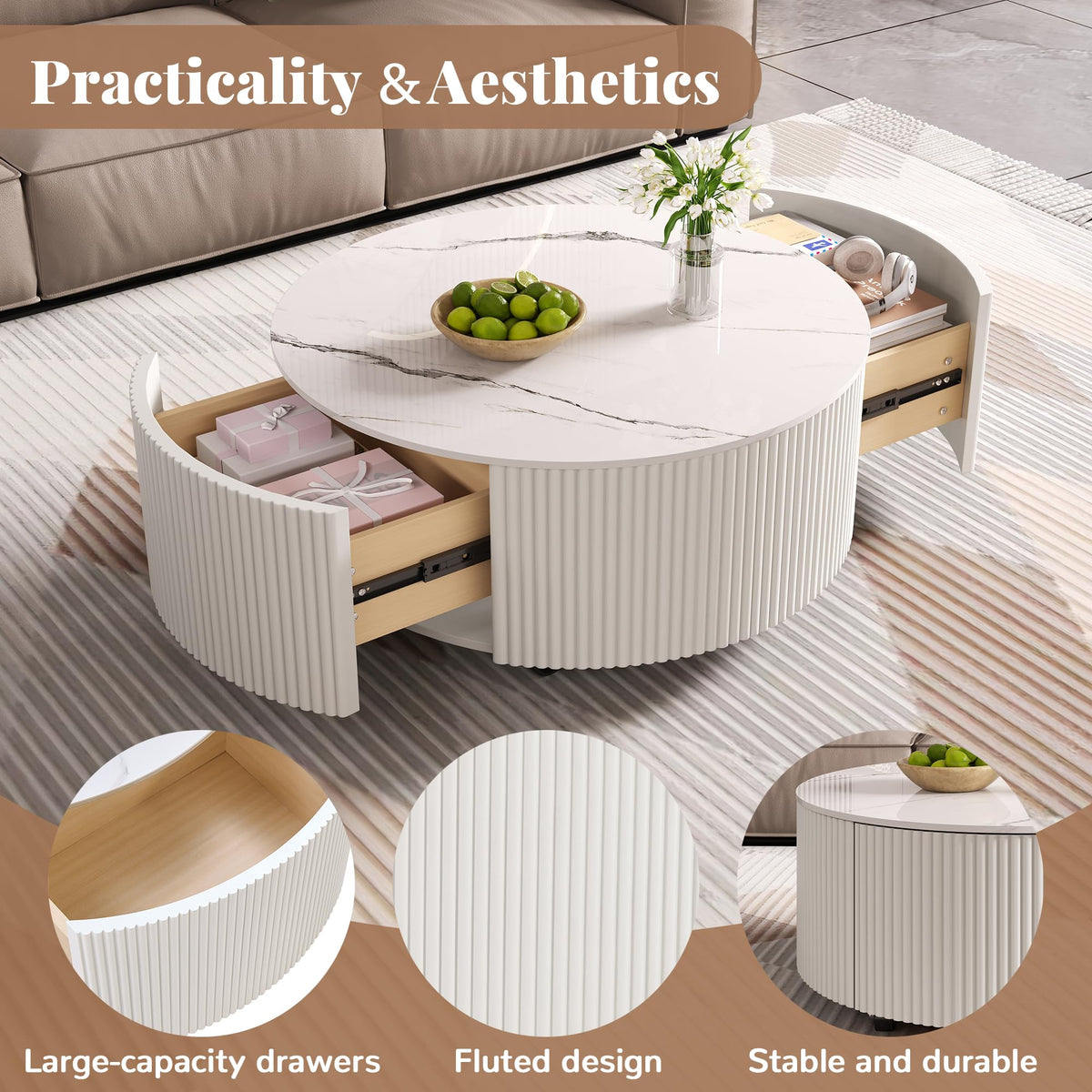 Merax 29.5" Round Fluted Coffee Table for Living Room, Movable Accent Table with Casters and 2 Storage Drawers, Marble Pattern Sintered Stone Top, White
