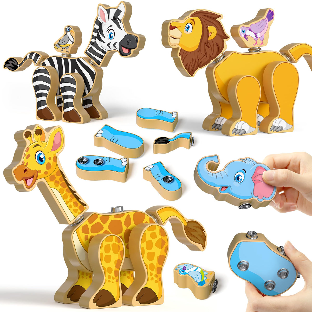 Coogam Wooden Snap Together Building Toy, Take Apart Construction Builders, Assembly Animal Building Blocks, STEM Fine Motor Learning Toy Gift for 3 4 5 Years Old Kids