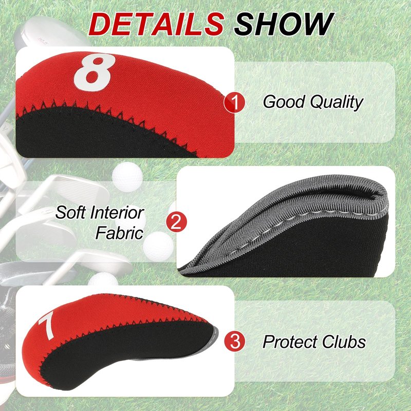 PATIKIL Golf Club Head Cover, 10 Pcs Number Golf Club Irons Covers with Hole Neoprene Driver Headcover Golf Lovers Gifts for Men Women, Red/Red