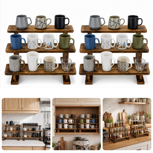 Ajerg 2 Pack 3 Tier Coffee Mug Display Shelf, Wooden Coffee Mug Holder Organizer for Countertop, Mug Storage Shelf for Coffee Station, Kitchen Cabinet, Pantry & Counter Display Rack