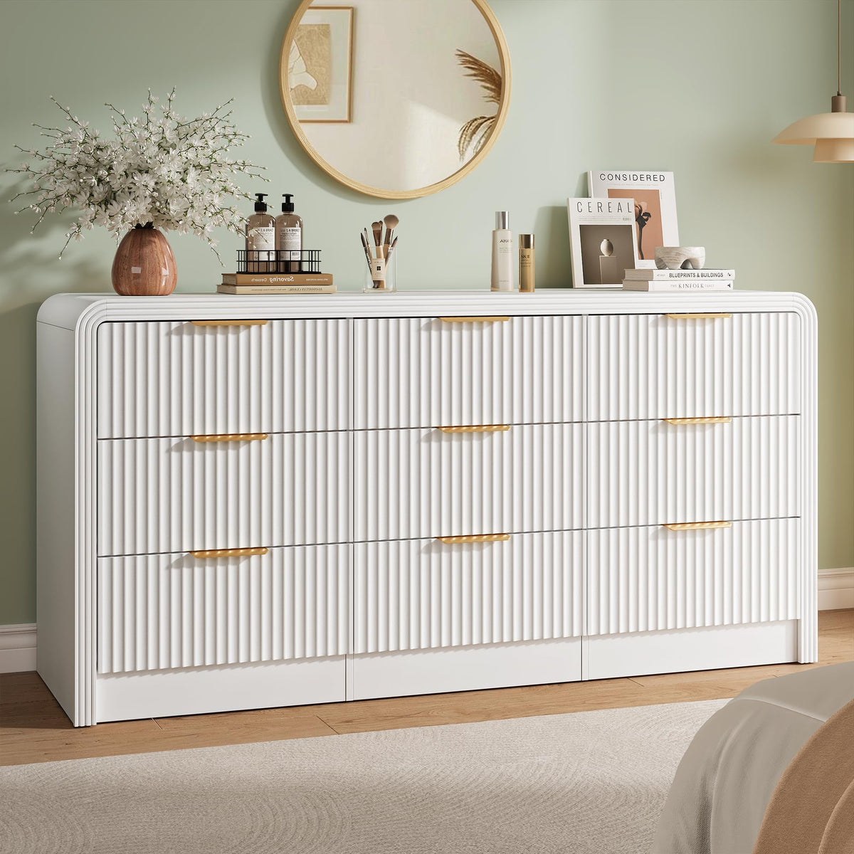 Decofy Fluted 9 Drawers Dresser, 63'' Wide Modern Chest of Drawers with Round Edge & Metal Handle, Wood Drawer Organizer for Bedroom, Living Room, White