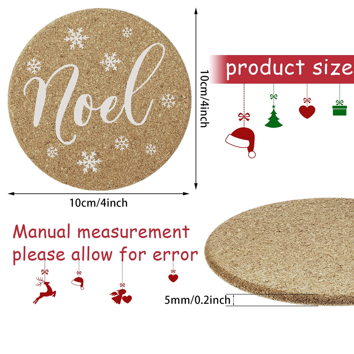Patelai 6 Pieces Christmas Coasters Christmas Cork Coaster 4 Inch Round Shaped Farmhouse Coasters Heat-resistant Cup Mat Peace Joy Noel Printed Coasters for Drink, Cup, Mugs Living Bedroom Party Decor