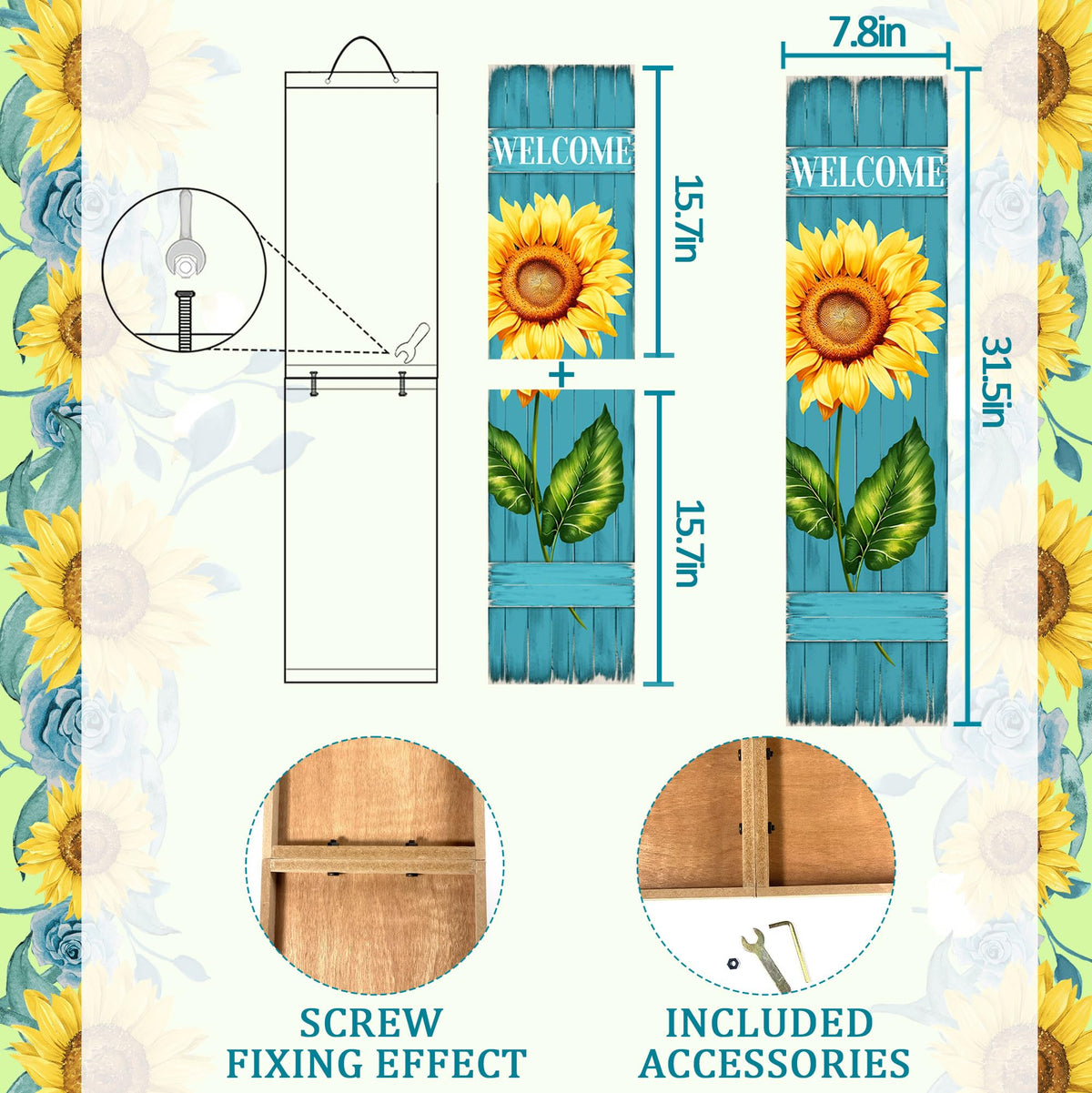 PEROUU Sunflower Welcome Wooden Sign,Spring Rustic Porch Sign for Front Door Decorations, Front Porch Decor Home Hanging Signs Wall Sign 31.5" H