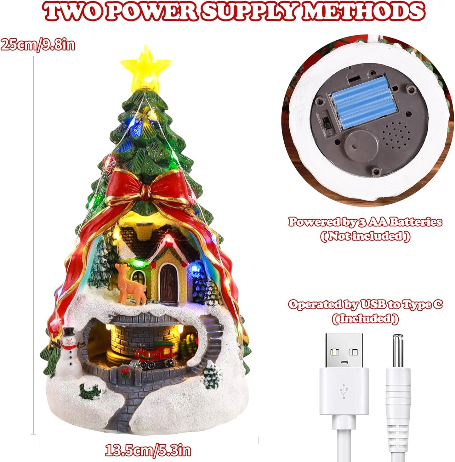 Musical Christmas Village with Spinning Train & Deer | Pre-Lit Artificial Tree - Battery & USB Operated