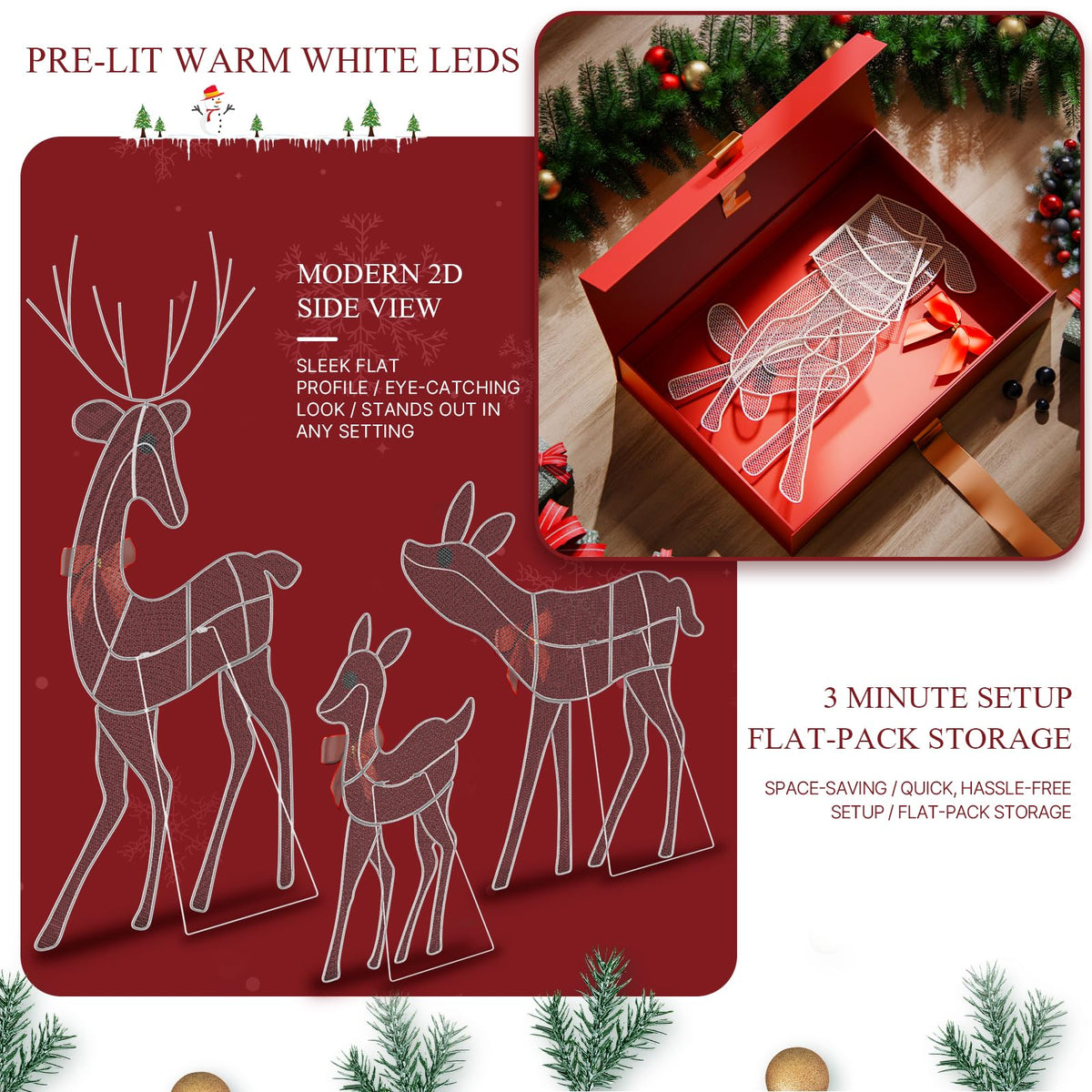 [3-Piece Reindeer Christmas Decorations Outdoor] 2D Lighted Deer Family with 260 LED Light. Durable Yard Lawn Holiday Decor, Outdoor Lighted Holiday Display for Yard Lawn Garden-White