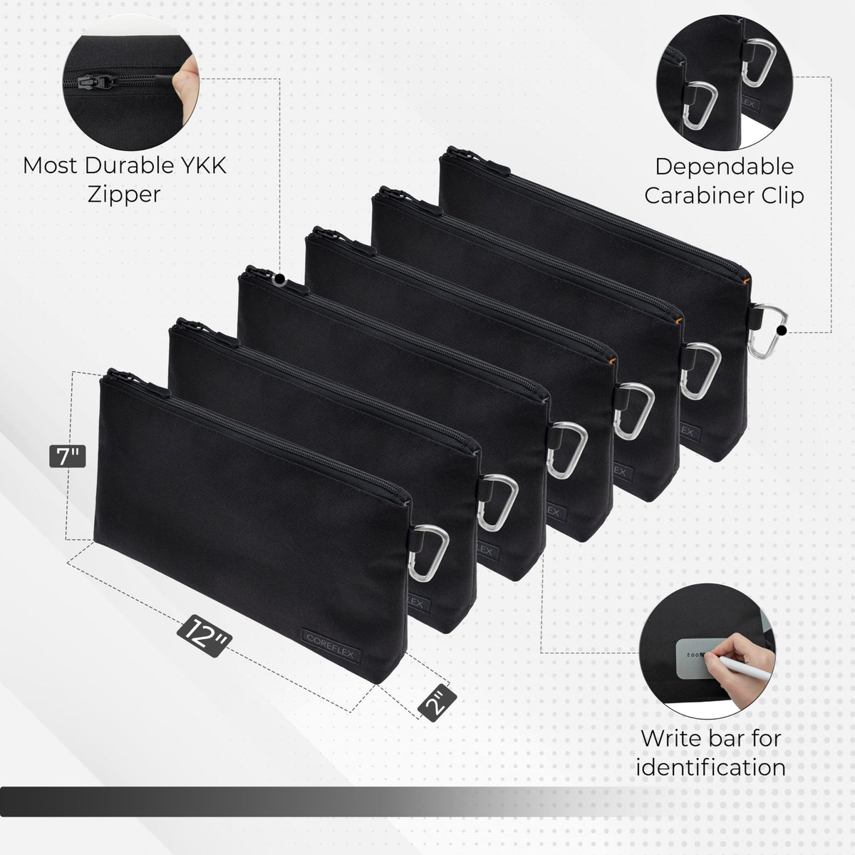 COREFLEX Premium Tool Pouch Zipper Bag, Small Tool Bag, Multipurpose Storage pouch, Heavy duty Flat Bottom Tool bag with YKK Zipper (6 pack Large 12inch Black)