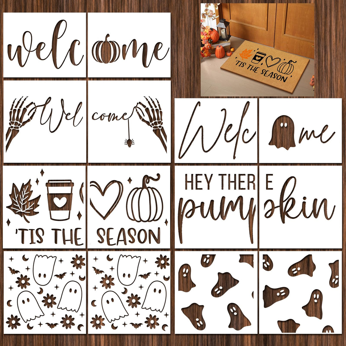 Yookeer 14 Pcs Fall Halloween Stencils for Door Mats, Reusable Pumpkin Ghost Welcome Templates for Autumn Halloween Painting on Doormat Wood Signs Wall Crafts DIY Project