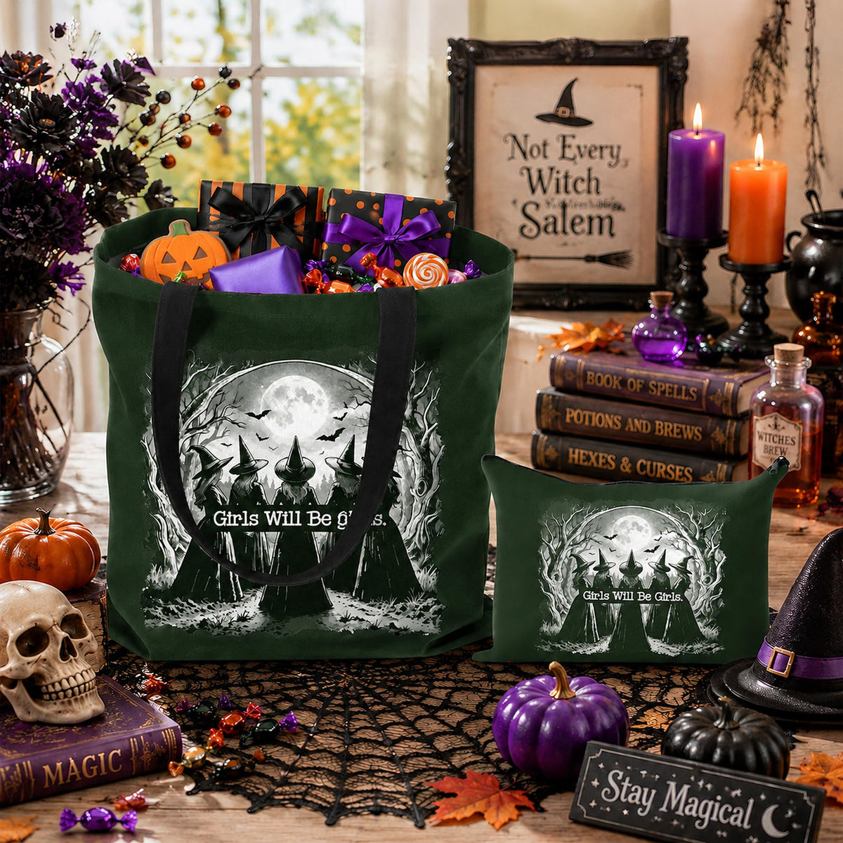 Laffact Aesthetic Witchy Canvas Bag for Women - 2Pcs Cute Girls Will Be Girls Quotes Canvas Tote Bag Makeup Pouch, Funny Black Magic Witch Reusable Grocery Shopping Handbag Gift for Halloween Birthday