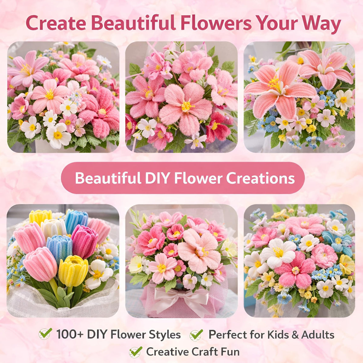 Party Rose 650PCS Pipe Cleaners Craft, Pipe Cleaner Bulk Flower Kit, 6 Colors Chenille Stems Flower Making Kit with Floral Wires, Gardening Tape, Stamens
