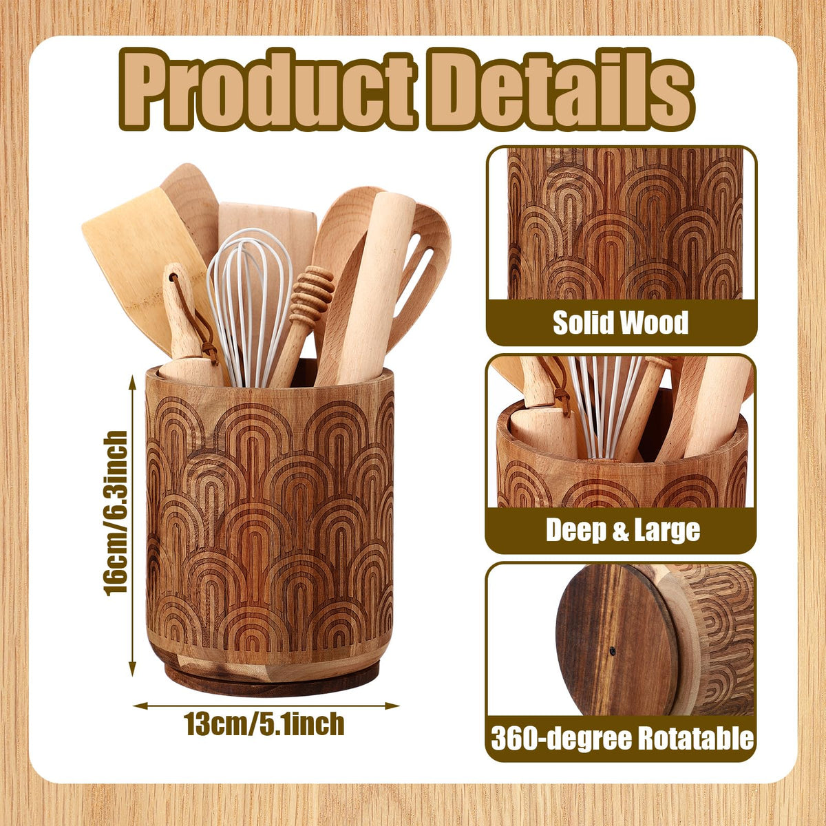 Acellegic Acacia Wood Utensil Holder for Kitchen Counter, 360° Rotating 6.3" Wooden Spoon Spatula Organizer Rustic Cooking Utensil Crock Arch Design for Kitchen Countertop Farmhouse Decoration