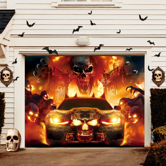 YUSPENYE Halloween Garage Door Decorations with Skull & Fire Vehicle Design, Durable Halloween Garage Door Banner for Single Garage Doors 7x9 ft, Outdoor Party Backdrop