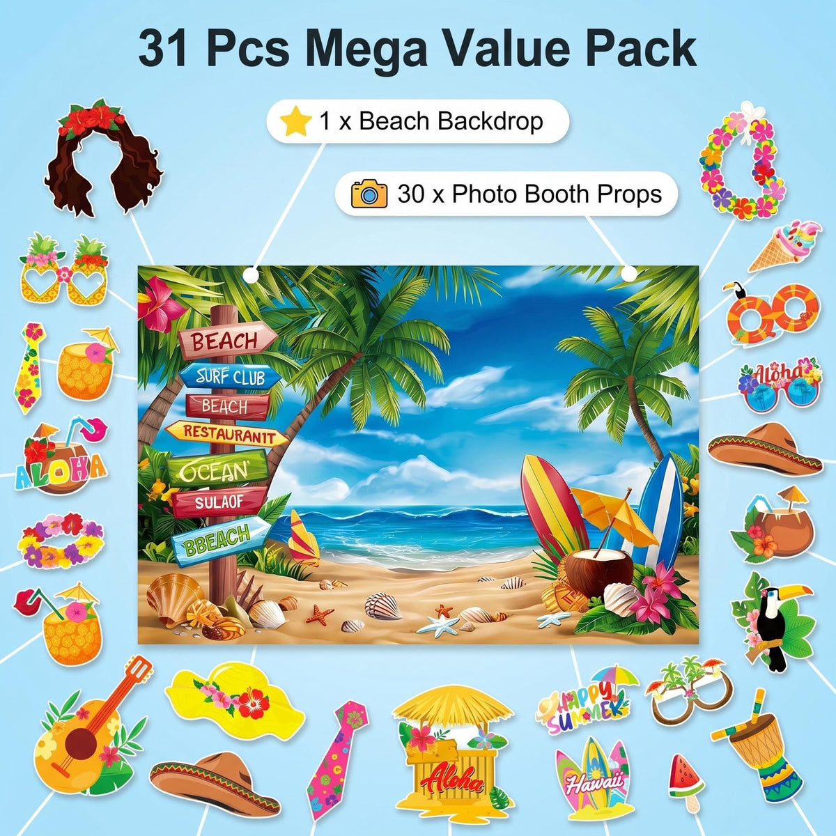 Photo Booth Backdrop and 30Pcs Props, 5x3 ft Aloha Themed Backdrop for Luau Party Decorations, Non-Reflective Surfboard & Tropical Leaf Backdrop for Pool Party, Beach Birthday Backdrop