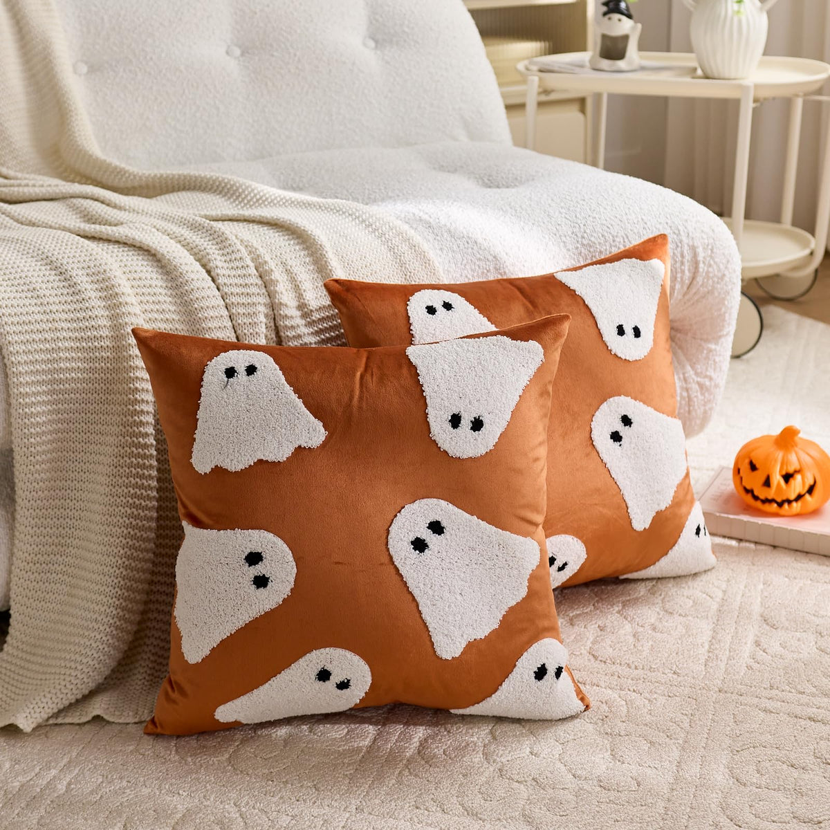 MAZSHTTD Halloween Pillow Covers 20x20 Inch Set of 2 Embroidery Ghost Throw Pillow Covers Indoor Outdoor Decorative Cushion Cases for Sofa Couch Bed Living Room Halloween Decoration Orange