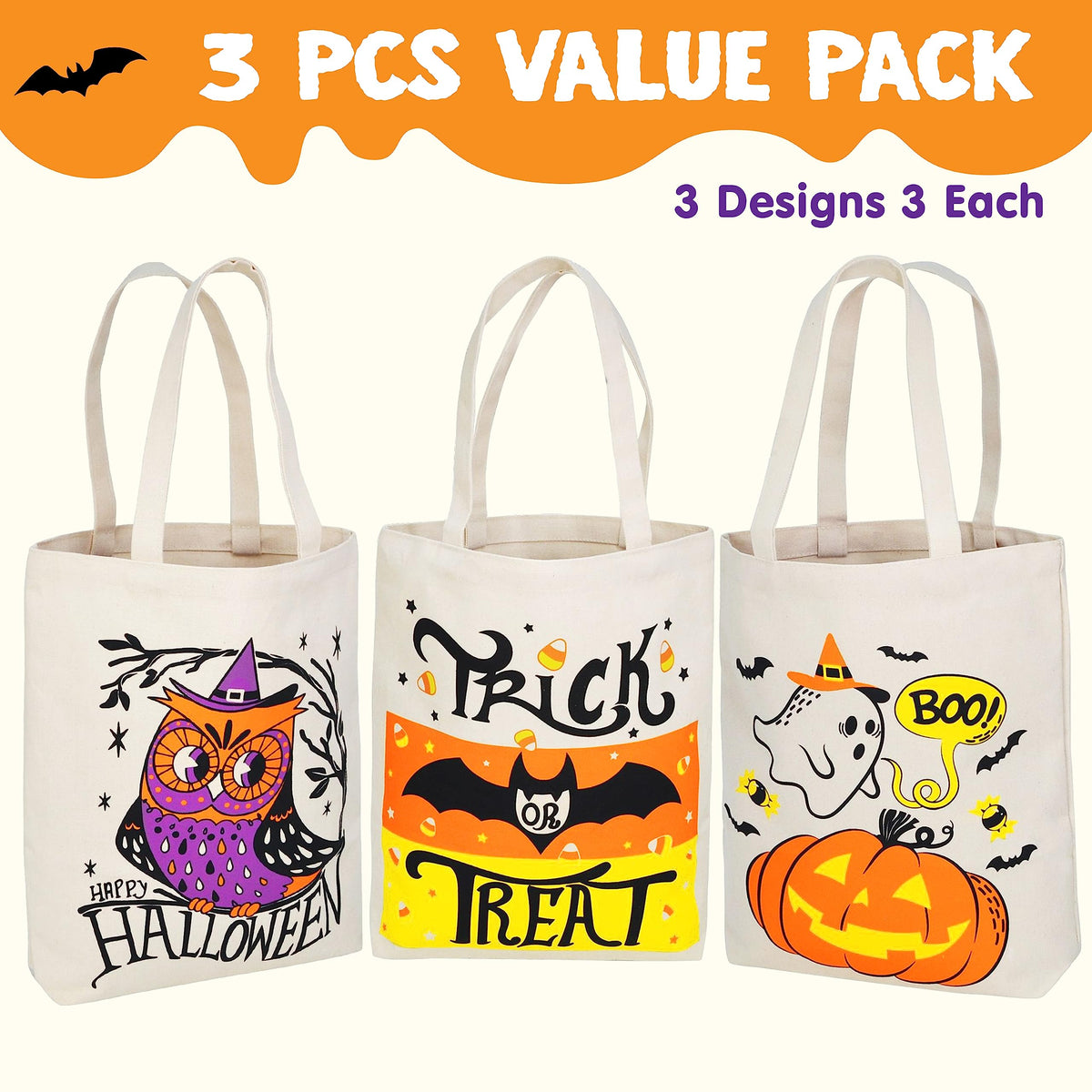 JOYIN 3PCS 13.75” Large Halloween Tote Treat Bags for Trick or Treating, Halloween Goodie Candy Bags, Reusable White Canvas Gift Bag for Kids Party Favor Supplies, Snack Grocery Tote with Handles