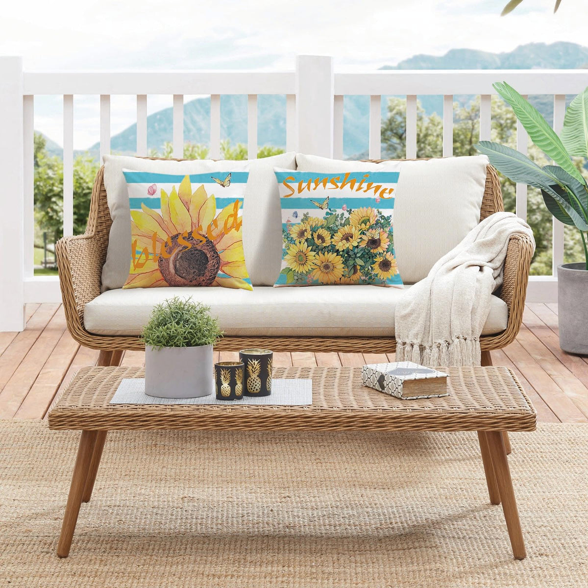 Mimkus Sunflower Pillow Cover 18 x 18 Inch Set of 4 Spring Summer Throw Pillow Covers Floral Double-Sided Printing Blue Cushion Cover for Sofa Home Decor