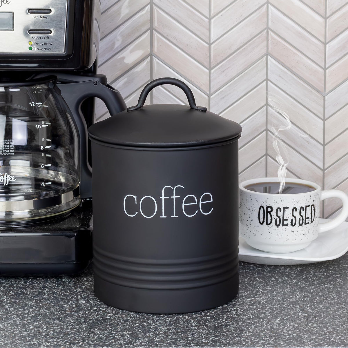 AuldHome Design Enamelware Black Coffee Canister; Modern Farmhouse Style Coffee Storage for Kitchen