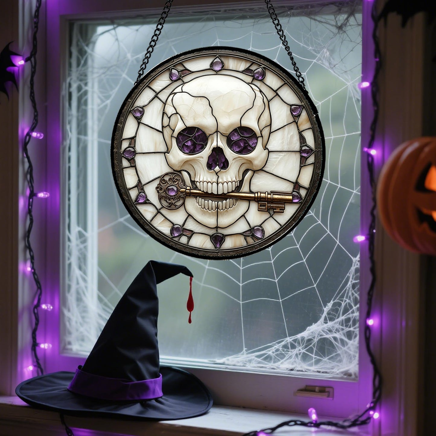 CRISGIF Stained Glass Window Hanging - Halloween Scary Skull Suncatcher for Doors Garden Home Spooky Purple Skeleton Key Sun Catchers Gothic Decor Horror Gifts for Women Men Friend Boy Girl 7.8 in