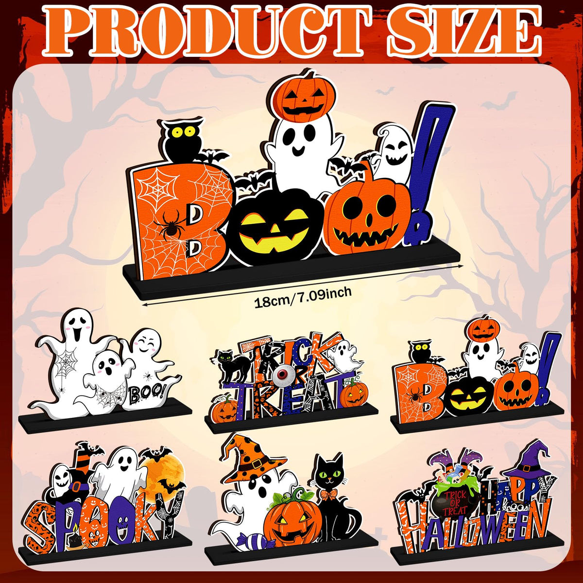 CroBlissful 6 Pcs Halloween Table Centerpiece Decorations Trick or Treat Pumpkin Ghost Wood Centerpiece Happy Halloween Boo Spooky Wooden Signs Table Decor for Living Room Office Kitchen Party Decor