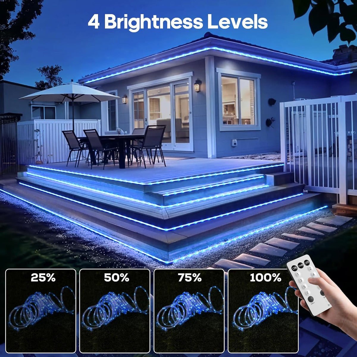 720 LED Rope Lights by [Brand Name] - 100Ft Waterproof Outdoor Lights with Remote, 8 Modes & 4 Brightness Levels | Blue