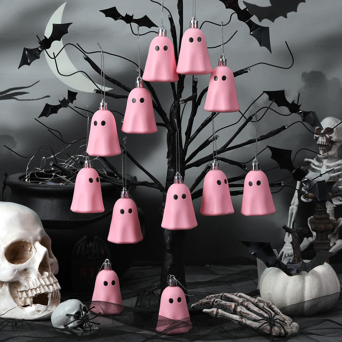 Tigeen 12 Pcs Halloween Hanging Ornaments Cute Ghost Decoration Halloween Tree Decoration Plastic Decorative Mini Ghost Ornaments for Home Tree Party Supplies (Cute,Pink)