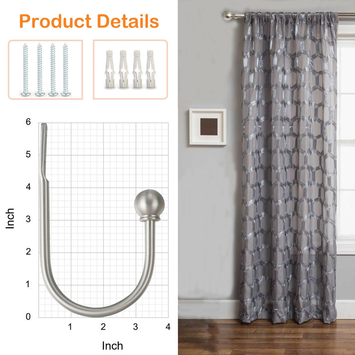 ARNORX Curtain Holdbacks Hooks Solid Steel Hooks Decorative French Ball End Curtain Drapery Tiebacks Heavy Duty, 2 PCs, Nickel Brushed