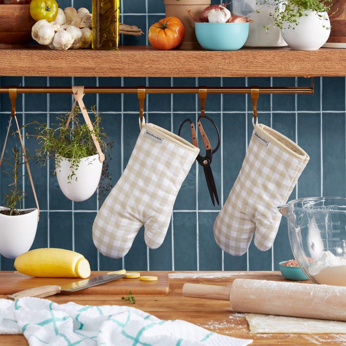 KitchenAid Gingham Oven Mitts - 2-Pack Set in Milkshake Color | 7"x13" Size for Ultimate Protection