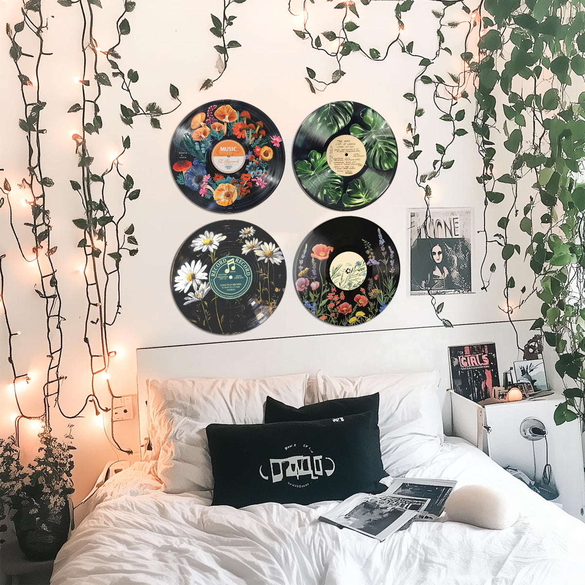 HK Studio Hippie Decor, Posters for Room Aesthetic - Botanical Wall Art, Record Decor, 4pcs 12"