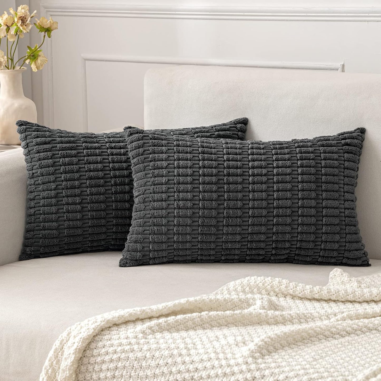 MIULEE Corduroy Lumbar Throw Pillow Covers - Soft Boho Striped Design | 20x12 Inch Dark Grey for Modern Home Decor