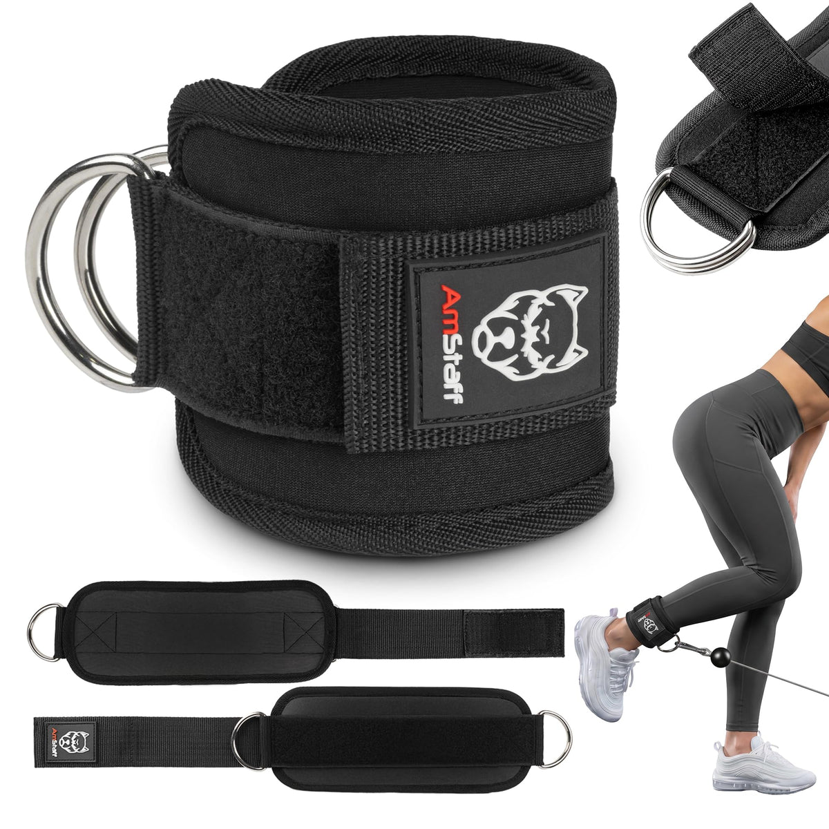 AmStaff Fitness Ankle Straps for Cable Machines – Padded Gym Ankle Cuffs for Glutes, Legs, and Booty Workouts – Adjustable Cable Attachments for Women & Men – One Size (Black)