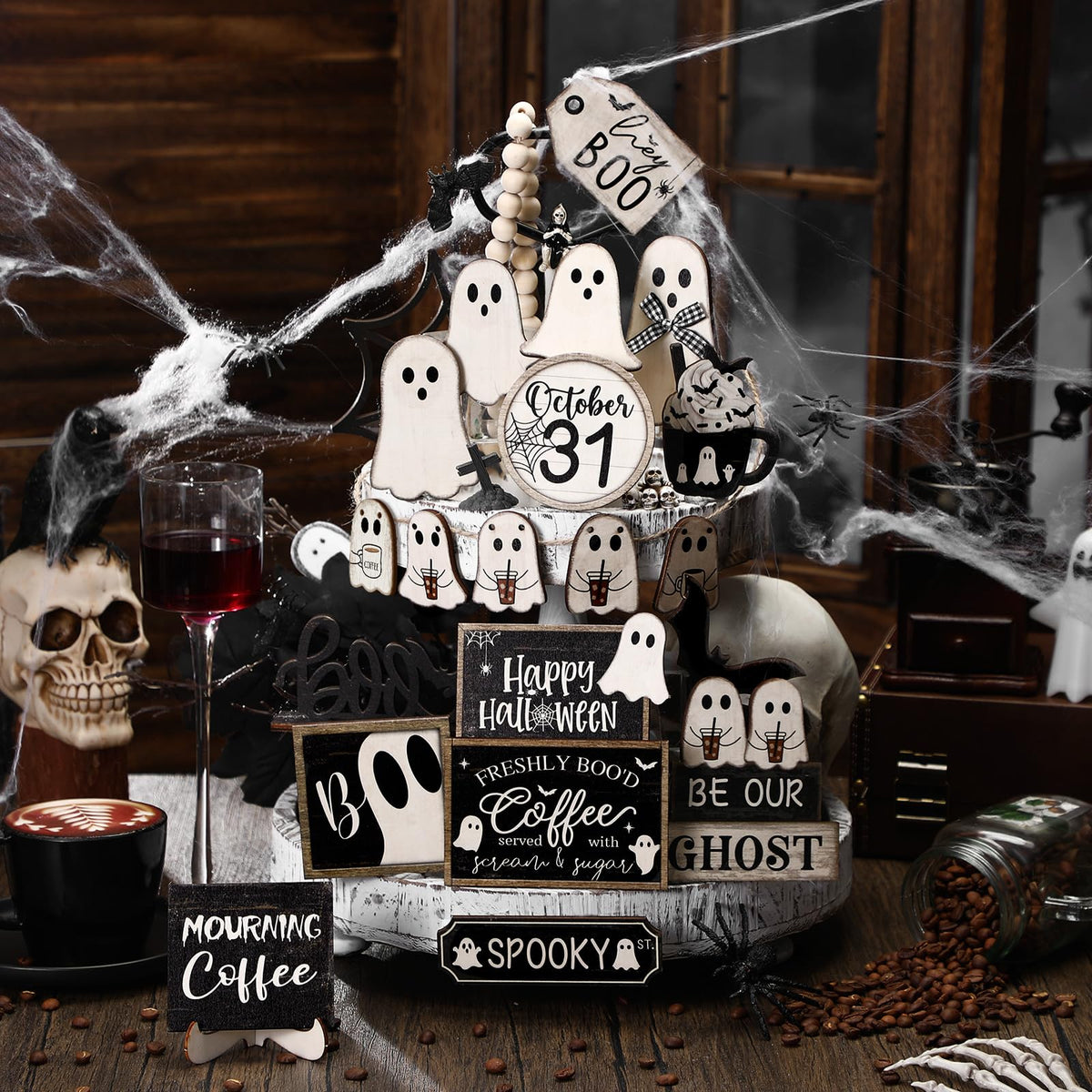 Seeloowy 19 Pcs Halloween Tiered Tray Decor Set Happy Halloween Cut Ghost Boo Wooden Signs Bat Coffee Rustic Table Decorations for Farmhouse Kitchen Shelf Party Supplies