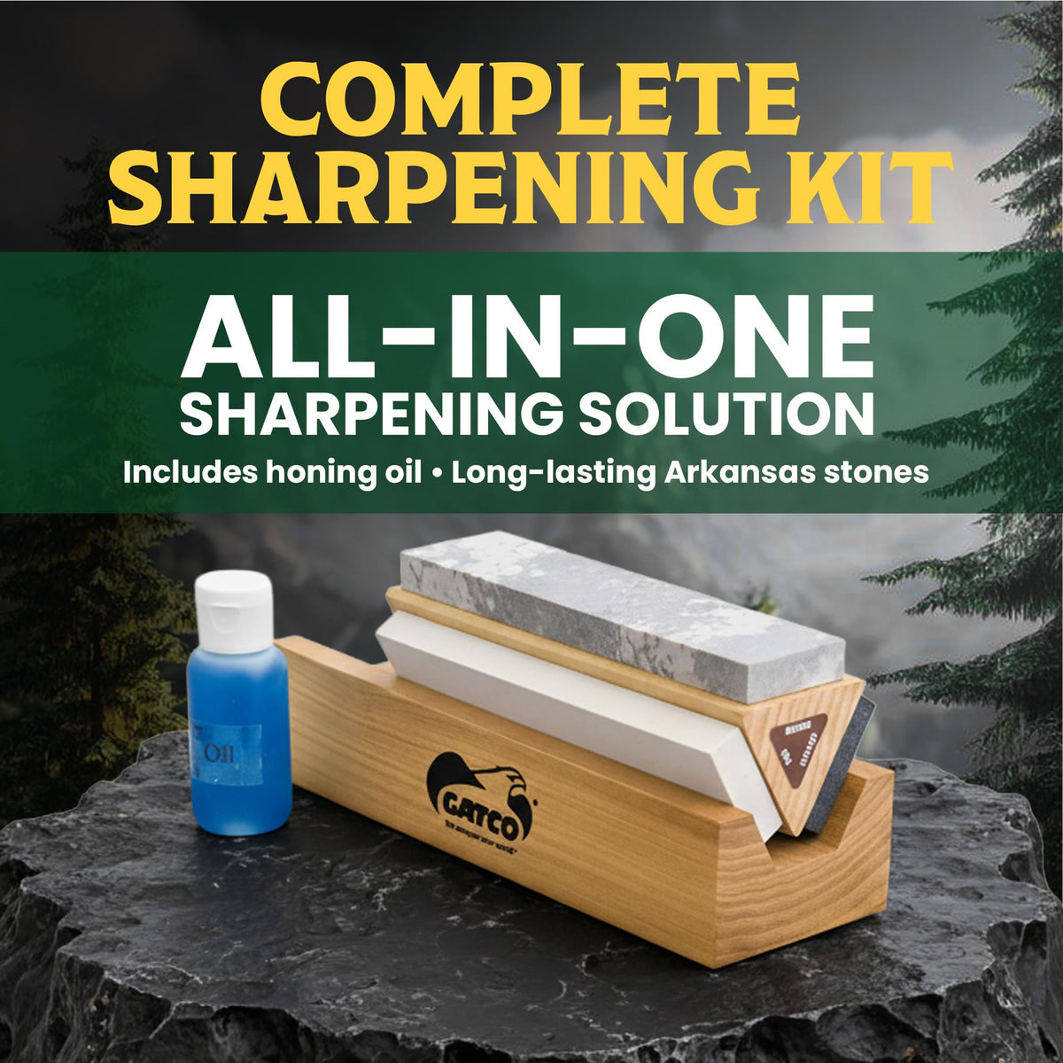 Gatco Arkansas Tri-Hone Sharpening Stone System – 3 Grit Knife Sharpening Kit with Soft, Medium & Coarse Stones, Honing Oil & Wood Base for Knives, Chisels, Blades, Straight Razors & Outdoor Tools