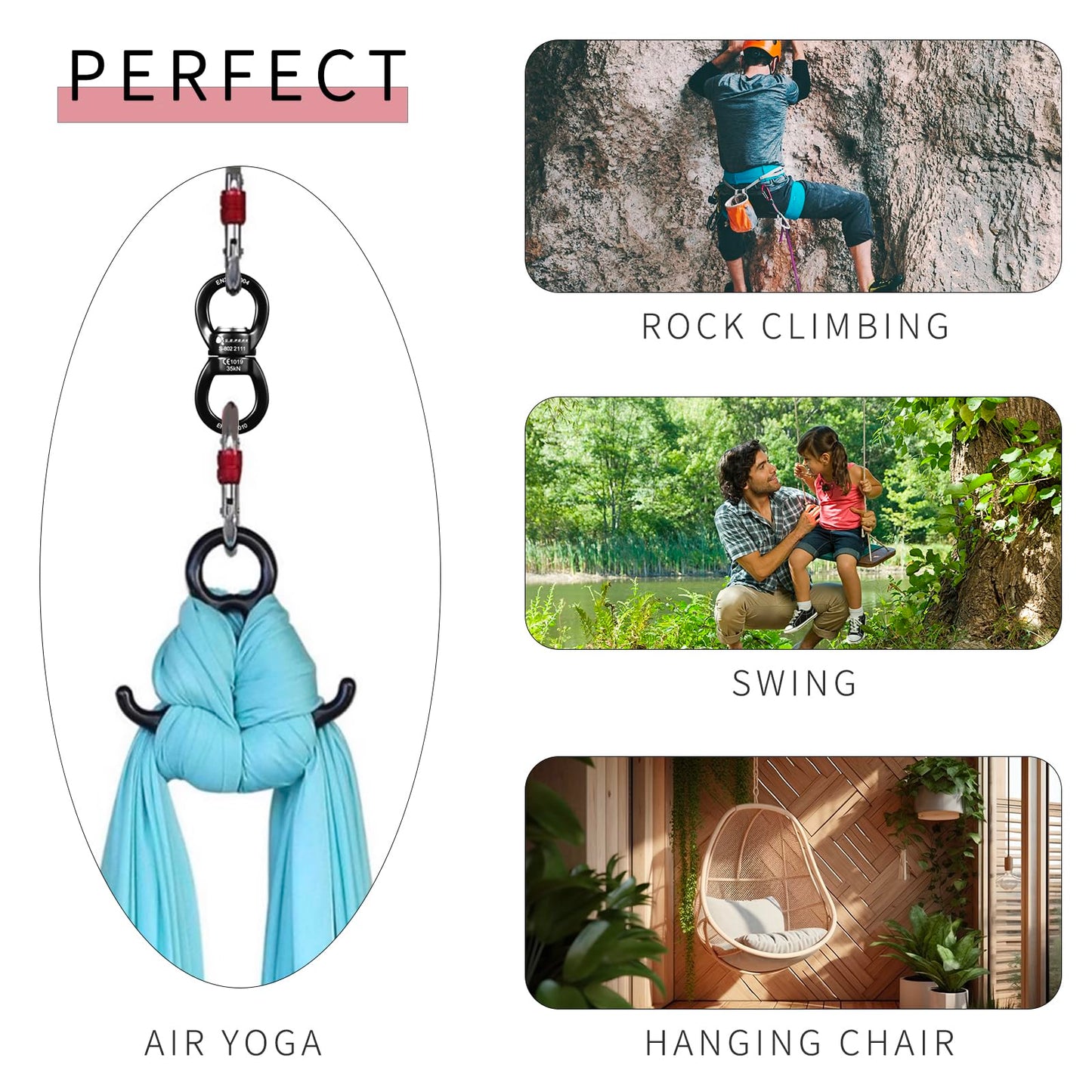 S.E.PEAK 35kN Swing Swivel, CE Certified 360°Rotational Device, Silent Hanging Accessory for Tree Swing, Aerial Dance