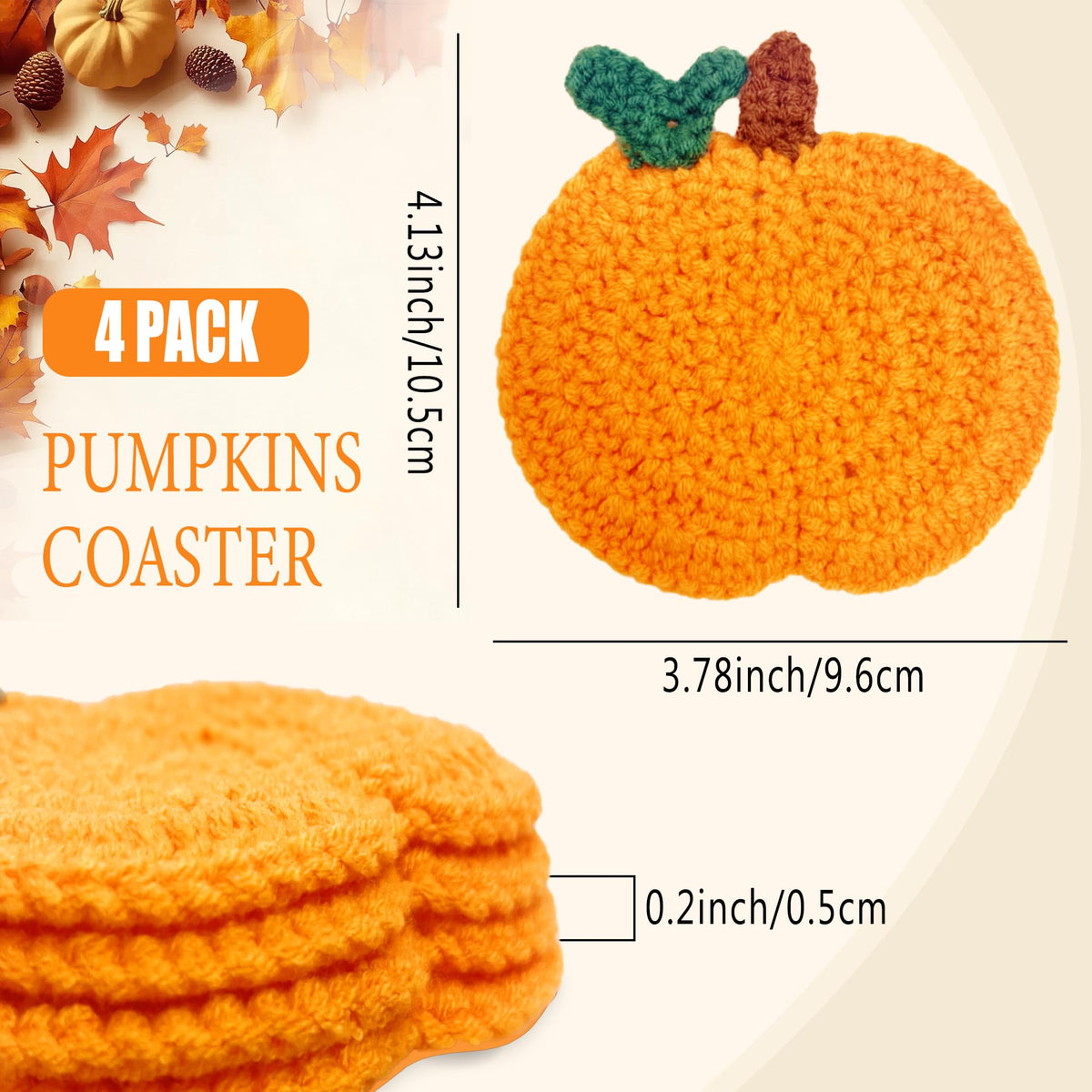 Fall Pumpkin Crochet Coaster 4 Pack, Fall Pumpkin Decor Handmade Knitted Drink Coaster Set, Autumn Decoration Drink Cup Pad Mats for Table Protection, Thanksgiving Home Kitchen Party Table Decor