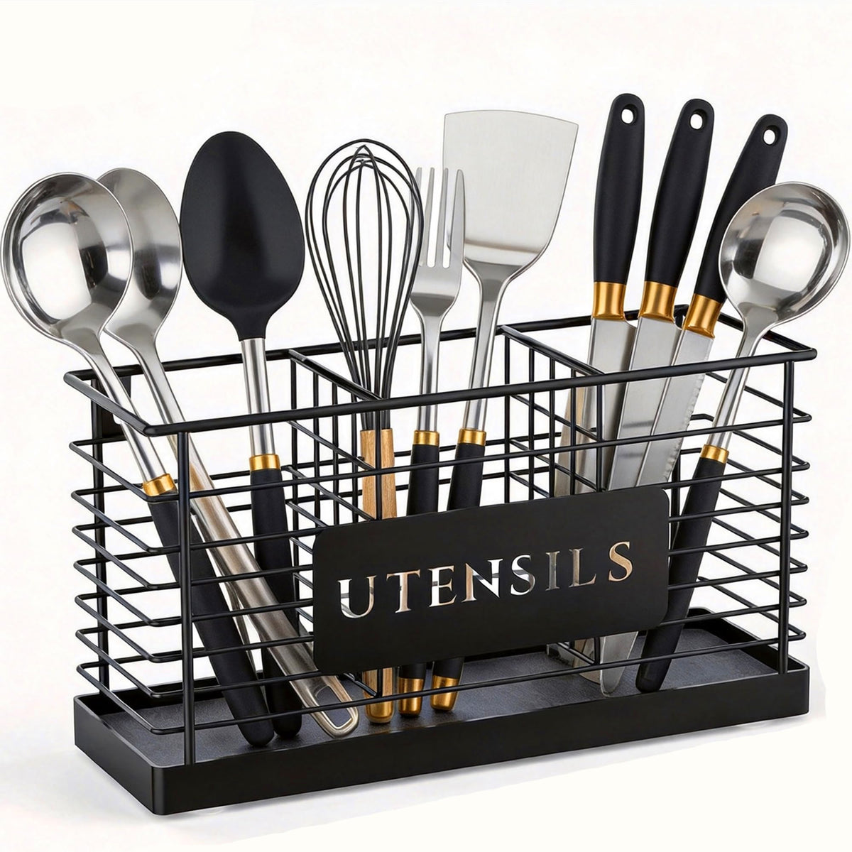 THYGIFTREE Utensil Holder for Kitchen Counter with Diatomaceous Earth Base, Large Black Metal Cooking Tool Organizer with 3 Compartments, Countertop Utensil Holder for Spatula and Kitchen Utensils