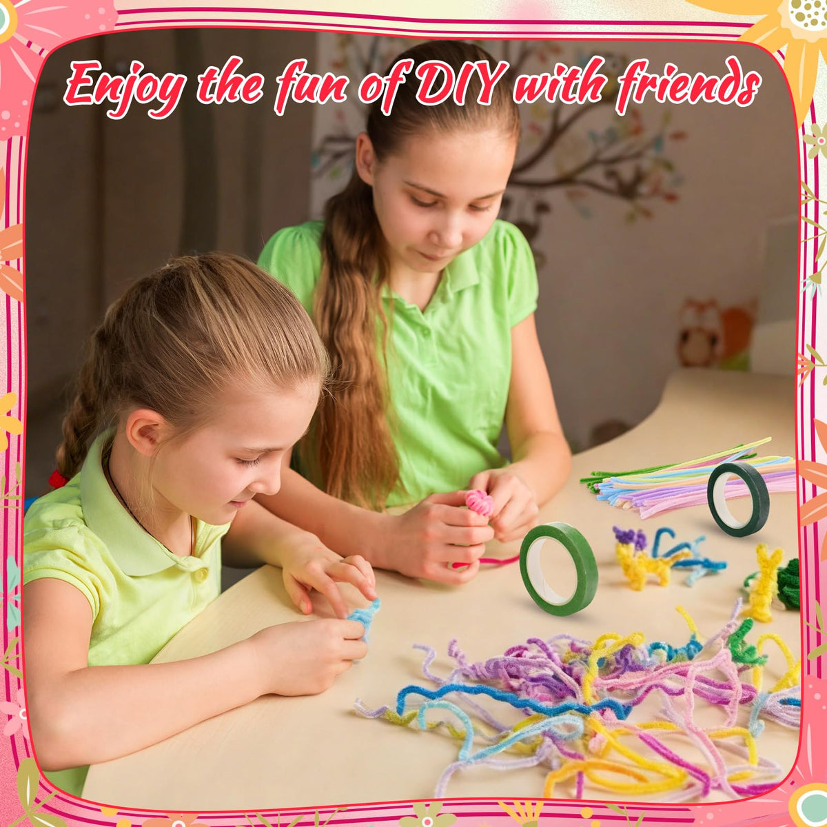Ovveroche 1000 PCS Pipe Cleaners Craft, Pipe Cleaner Bulk Flower Kit with Handle, 7 Colors Chenille Stems Flower Making Kit with Floral Wires, Gardening Tape, Stamen, Ribbon for Art Craft Supplies