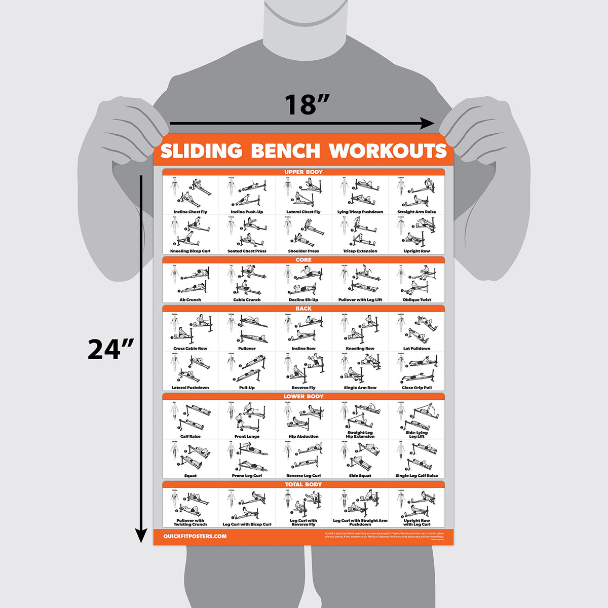 QuickFit 2 Pack - Sliding Bench Workouts & Bodyweight Exercise Poster Set - Compatible with Total Gym & Weider Ultimate Body Works (Laminated, 18" x 24")