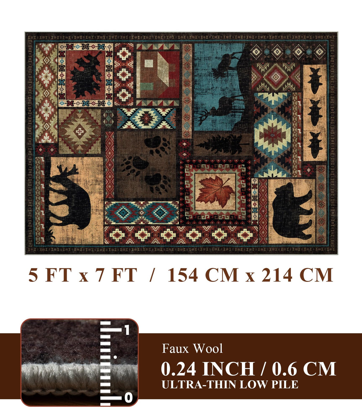 YIHOUSE Rustic Cabin Area Rug 5x7,Machine Washable Lodge Bear Rug,Non-Slip Low Pile Print Pattern Southwestern Rug for Living Room Bedroom