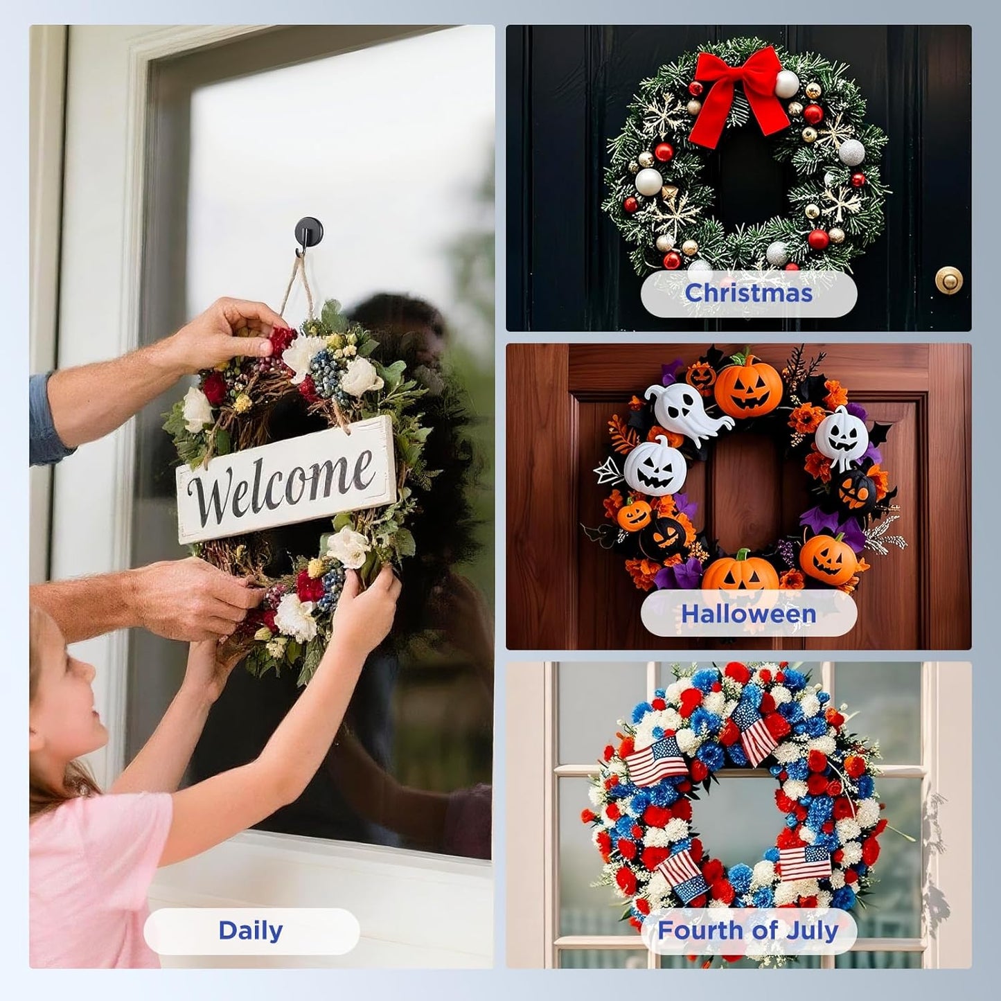 OUTXE Wreath Hanger - Upgraded Suction Cup Hook for Front Door & Glass Window | 4-Pack (Black)