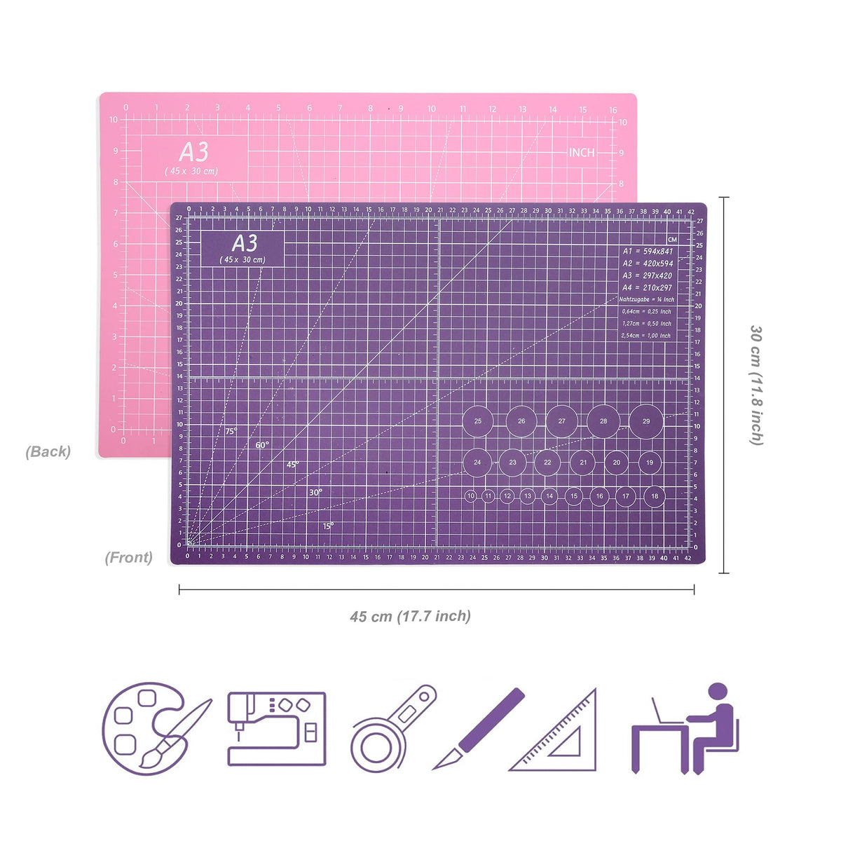 TCAIRG Self Healing Cutting Mat 18 inchx12 inch Non-Slip PVC Double Sided 5-Ply A3 Art Craft Rotating Mat,Sewing Crafts Hobby Fabric Precision Scrapbooking Project(Pink/Purple)
