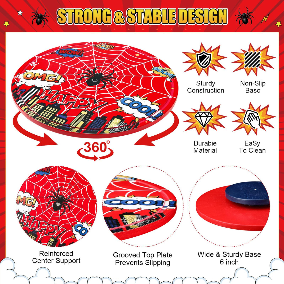 Yiyiring 11 Inch Spider Rotating Cake Stand, Spider Party Cupcake Dessert Display with Non-Slip Base Round Spinning Cake Holder Charcuterie Board Server Tray for Party Wedding Birthday