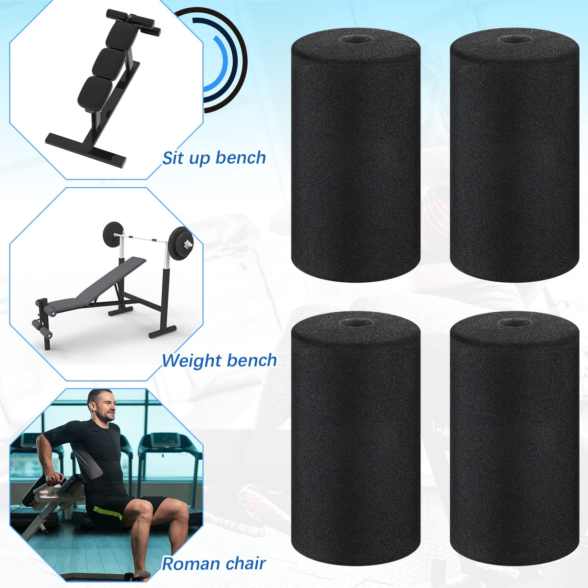 Deekin 8 Pieces Foam Foot Pads Rollers Set High Density Foam Roller for Gym Exercise Machines Equipment Replacements Exercise Massage Muscle Recovery, 6.3" x 3.4" OD x 0.87" ID