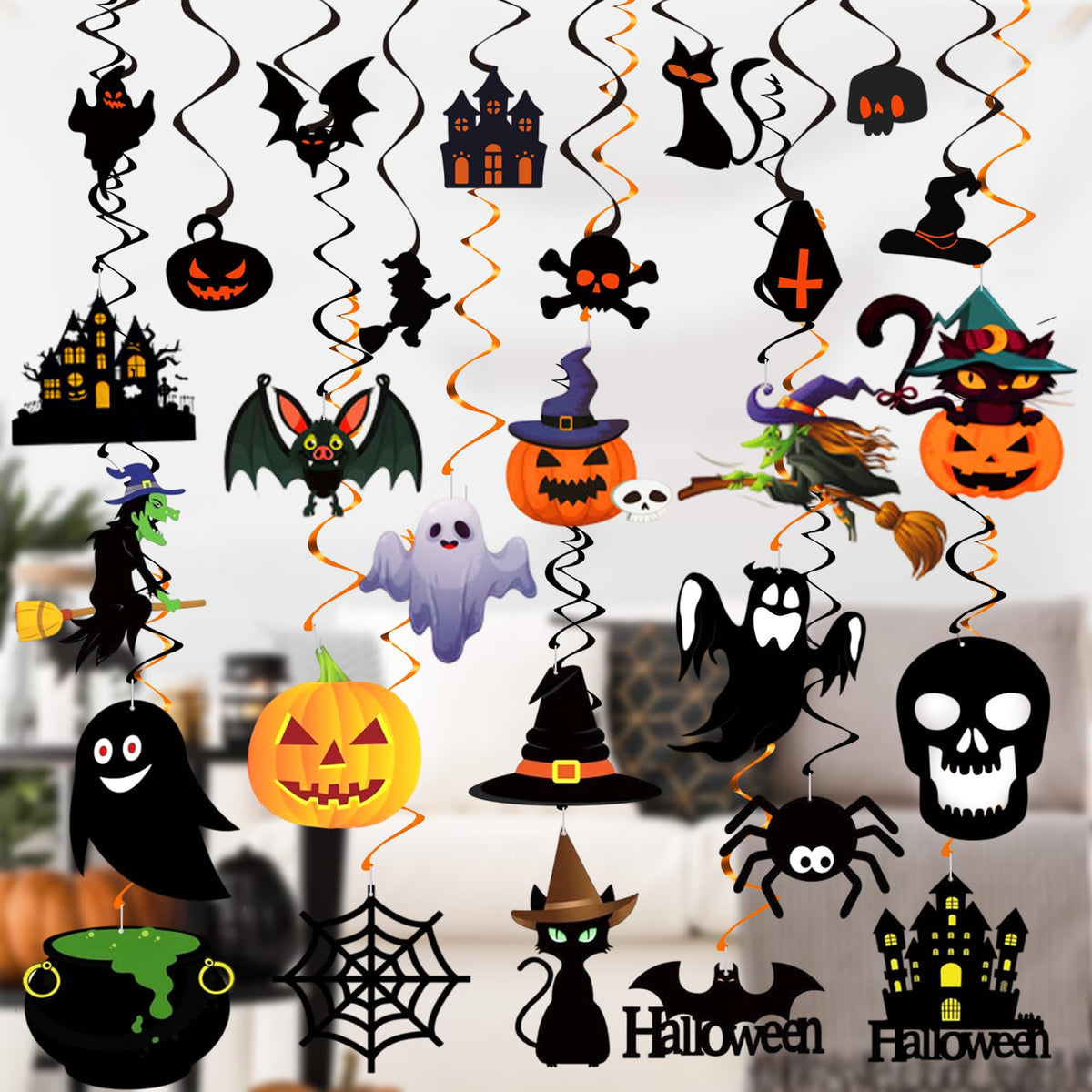 56 Pieces, Halloween Swirls for Hanging Halloween Decorations - No DIY | Ghost Pumpkin Witches Swirls, Scary Ceiling Streamers, Scary Party Decorations, Haunted House Decor, Classroom, Office Décor