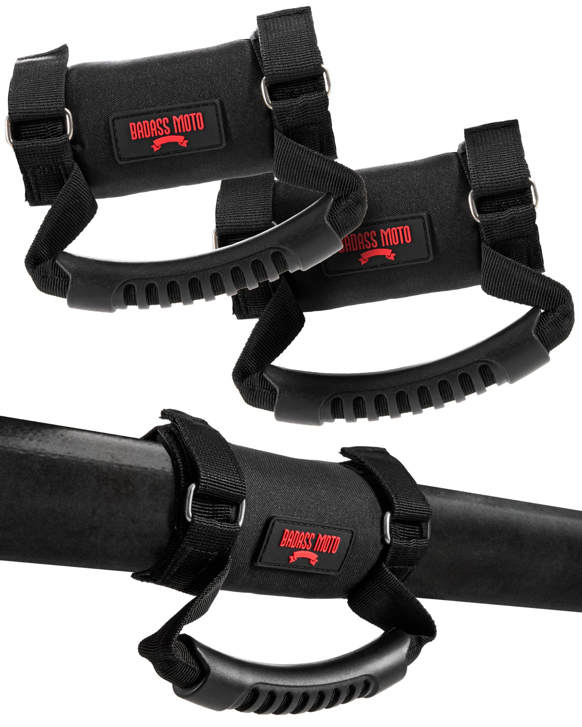 Badass Moto Roll Bar Grab Handles - SXS, ATV, & UTV Grab Handles Grips for 1.5 to 2" Rollbar - Black & Red Hand Grip Grabs with Stainless Steel Buckles for Honda, Teryx, Can-Am, Polaris, More - 2 pack