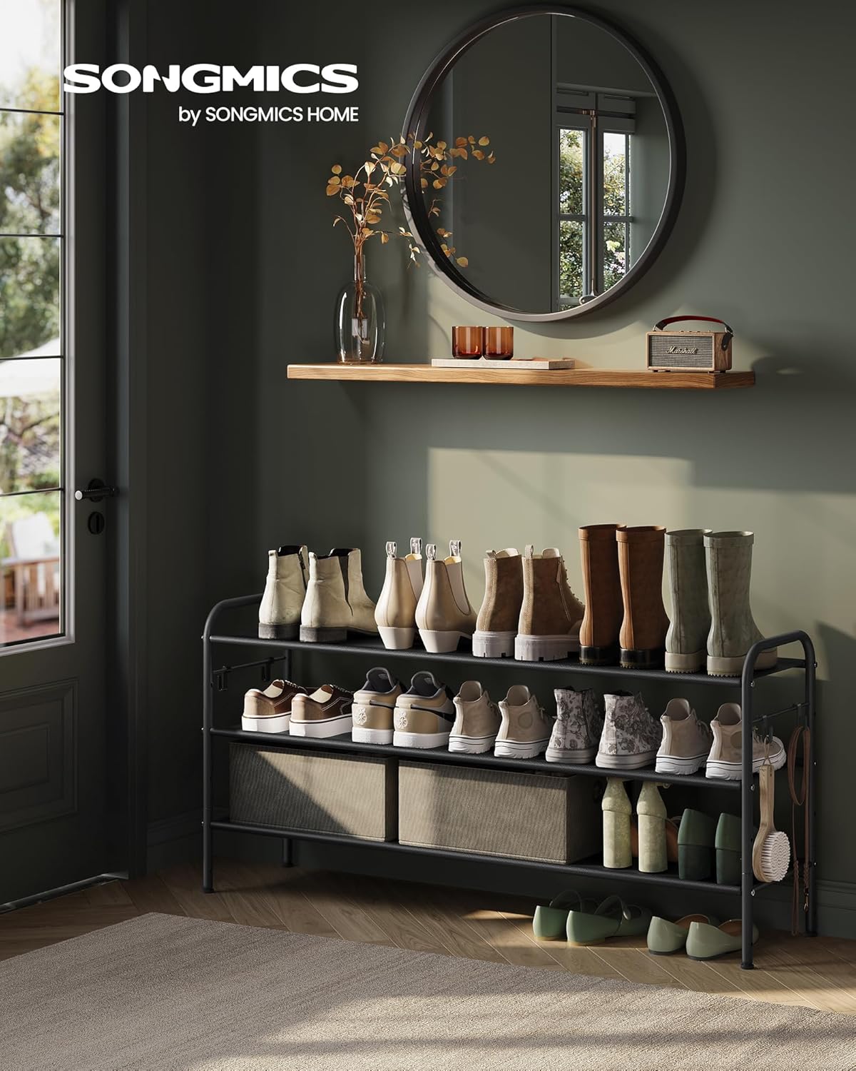SONGMICS 3-Tier Shoe Rack - Height-Adjustable Fabric Organizer with 4 Hooks | Holds 18 Pairs - Ink Black
