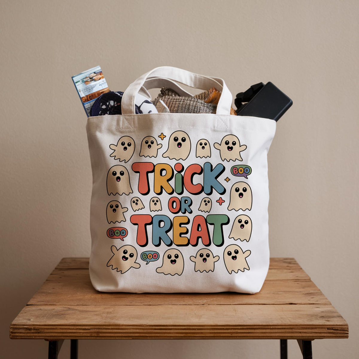 LRYBUD Halloween Tote Bag Trick or Treat for Women Canvas Womens Work Tote Bag Gifts