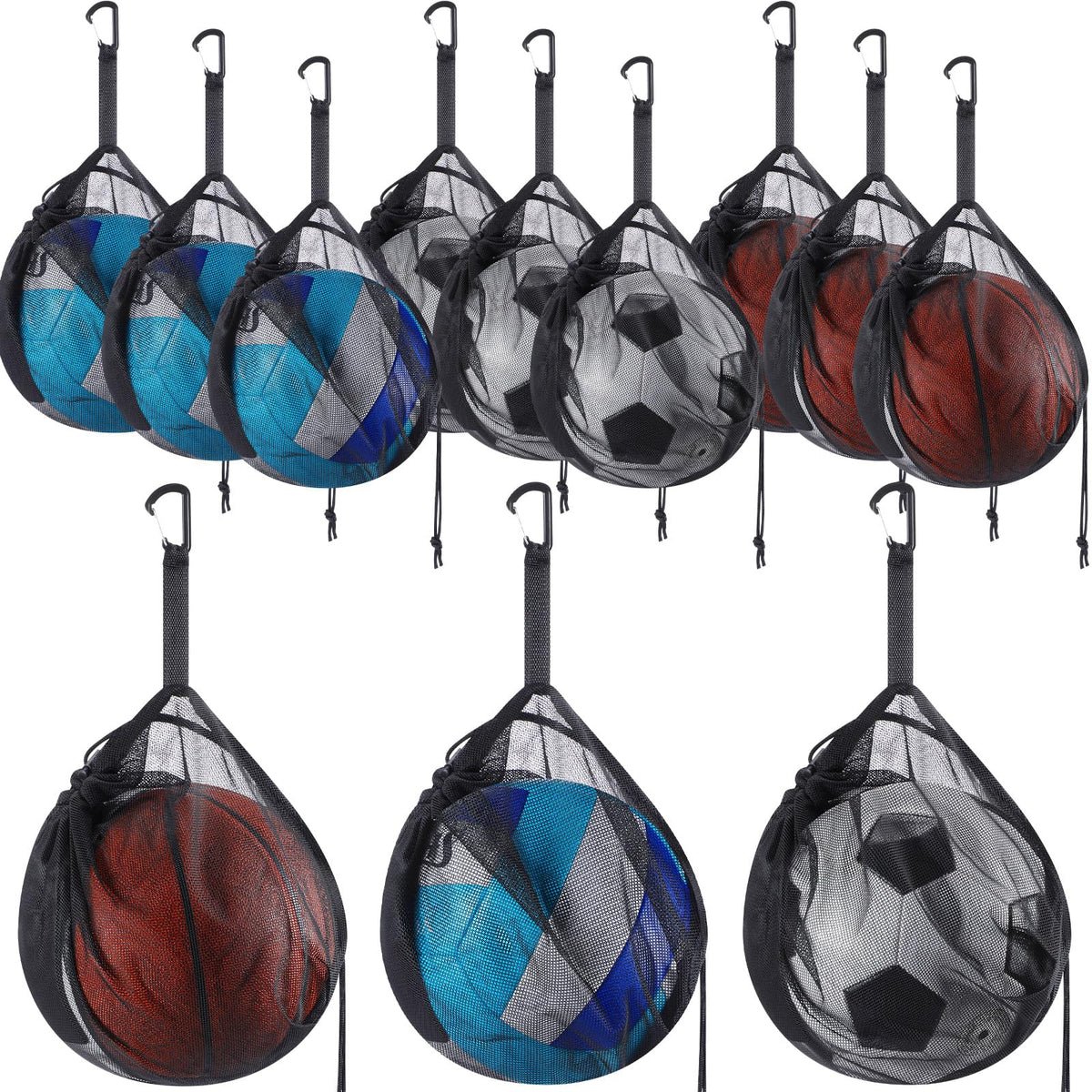 Dansydaisy 6 Pcs Mesh Ball Bags Basketball Volleyball Football Single Storage Bag with Zipper Pocket Drawstring Sling Back Bag D Rings for Carrying Ball