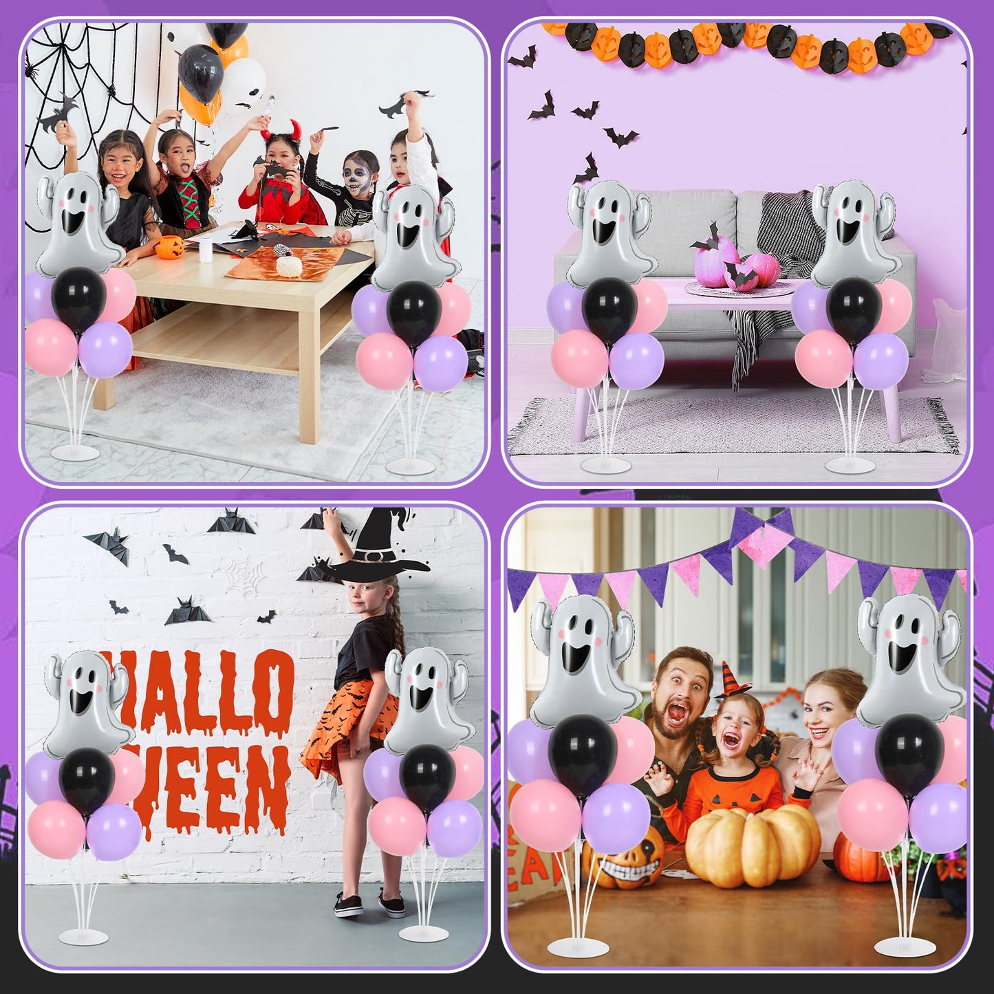 Halloween Ghost Party Balloons Stand Kit 2 Sets with 2 White Ghost Foil Balloons Pink Black and Purple Balloon Centerpiece for Tables for Baby Shower Horror Birthday Party Decorations