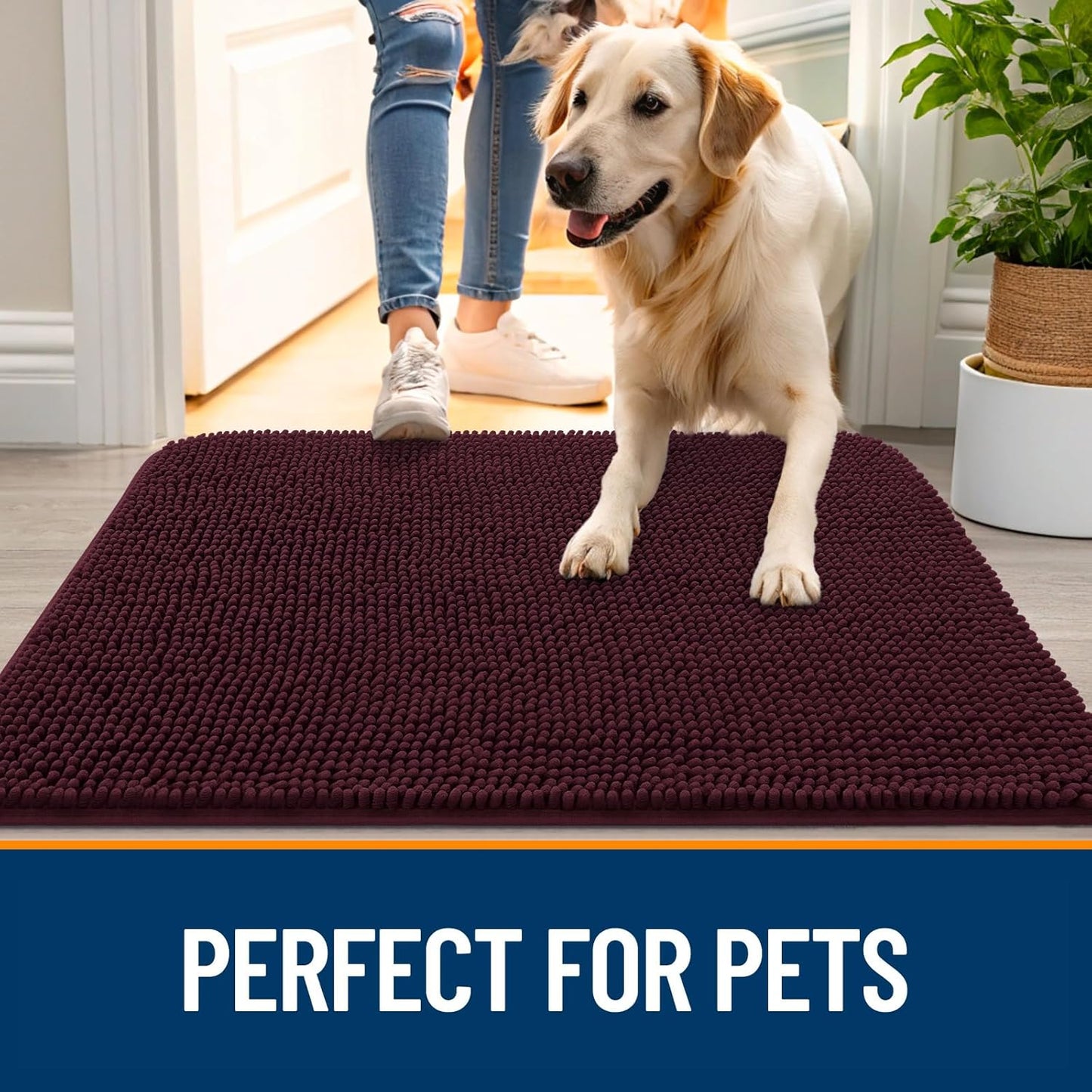 OLANLY Dog Door Mat - Absorbent Non-Slip Chenille Mat for Muddy Paws | 45x27 Inches, Quick Dry, Russet